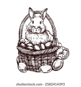 Hand drawn vintage sketch of Easter basket with bunny and eggs

