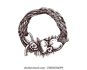 Hand drawn vintage sketch of an Easter wreath with decorations

