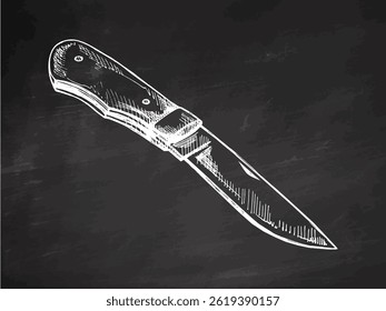 Hand drawn vintage sketch of a folding pocket knife in white chalk style on black chalkboard background. Perfect for camping, hiking, survival gear designs, outdoor adventures and retro  projects.