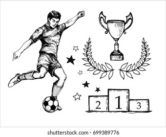 hand drawn vintage sketch of the football theme: footballer, ball, laurels, whistle, arbiter, cup. elements for your  sport design