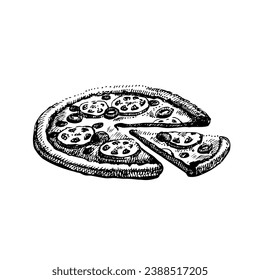 Hand drawn vintage sketch Italian food pizza. Vector illustration 