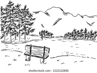 Hand drawn vintage sketch. Landscape mountains and forest. Black outline silhouette  image on transparent  background. Eps horizontal  print for t shirt, wallpaper, label, card