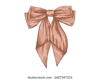 Hand drawn vintage sketch of a long decorative bow with ribbons