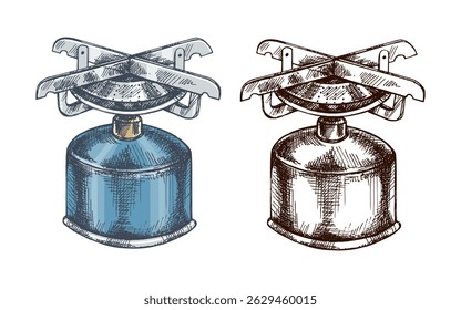 Esboço vintage desenhado à mão de um fogão a gás de acampamento portátil em versão azul e monocromática, usado para cozinhar ao ar livre, caminhadas e viagens.