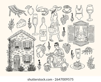 Hand drawn vintage sketch set with Italian summer elements: house, scooter, wine, cheese, lemons, sea view, olives, swimsuit, seafood. Vector collection for travel posters, packaging, postcards.
