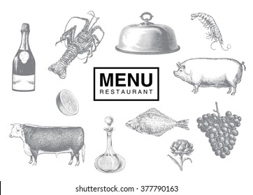 Hand drawn vintage sketch set of food and drinks for design of the menu. Vector illustrations, retro engraving style