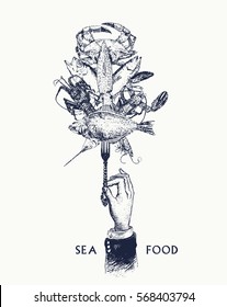 Hand drawn vintage sketch set of seafood and Hand with a fork. Vector illustrations, retro engraving style. Templates for design sea shops, restaurants, markets