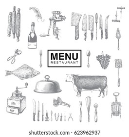 Hand drawn vintage sketch set of food and drinks for design of the menu. Kitchen tools, utensil and cooking. Vector illustrations, retro engraving style