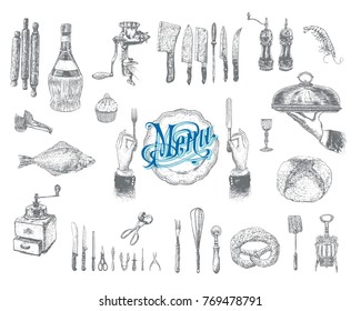 Hand drawn vintage sketch set of food and drinks for design of the menu. Vector retro illustrations, engraving style. Menu of restaurant