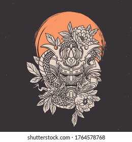 hand drawn vintage skull oni japan. This design is for printing t-shirts, bags, digital needs and for other merchandise