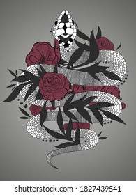 Hand drawn vintage snake with black leaves and red roses illustration. Graphic sketch for posters, tattoo, clothes, t-shirt design, pins, patches, badges, stickers.  Traditional Tattoo Old School 