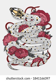 Hand drawn vintage snake with black leaves and red roses illustration. Graphic sketch for posters, tattoo, clothes, t-shirt design, pins, patches, badges, stickers.  Traditional Tattoo Old School 