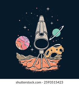 Hand drawn Vintage Space Rocket on Alien Planet – Retro Sci-Fi Exploration Artwork