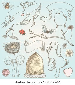 Hand Drawn Vintage Spring Elements Vector Set. Color fills are grouped separately from outlines for easy editing.