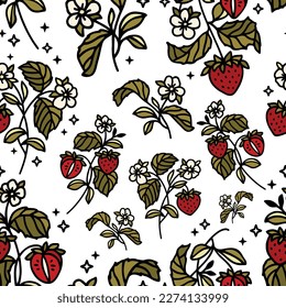 Hand drawn vintage strawberry fruit and flower vector seamless pattern illustration for paper wrapping, decoration, birthday gift, organic products, nature brand elements