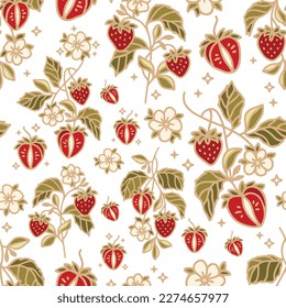 Hand drawn vintage strawberry fruit and flower vector seamless pattern illustration for paper wrapping, decoration, birthday gift, organic products, nature brand elements