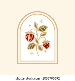 Hand drawn vintage strawberry, leaf branch logo element and floral vector illustration with frame for brand, sticker, label, or product decoration