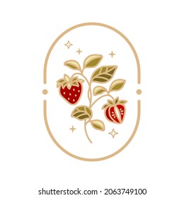 Hand drawn vintage strawberry, leaf branch logo element and floral vector illustration with frame for brand, sticker, label, or product decoration