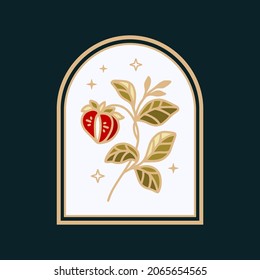 Hand drawn vintage strawberry, leaf branch logo element and floral vector illustration with frame for brand, sticker, label, or product decoration