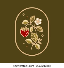 Hand drawn vintage strawberry, leaf branch logo element and floral vector illustration with frame for brand, sticker, label, or product decoration