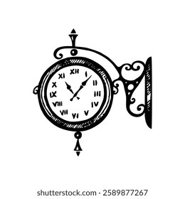 Hand drawn vintage street clock, sketch illustration