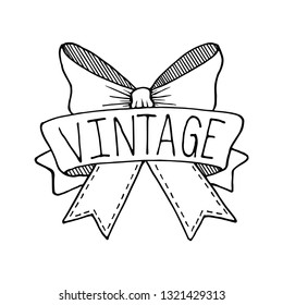 Hand drawn vintage style banner with a bow and stitches decoration and the word VINTAGE calligraphy, isolated on white background. Vector illustration