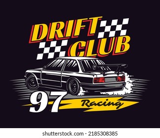 Hand Drawn Vintage style of Drift Racing Car