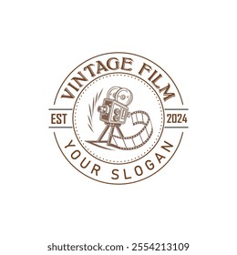 Hand drawn vintage style film production logo design template with vector illustration 