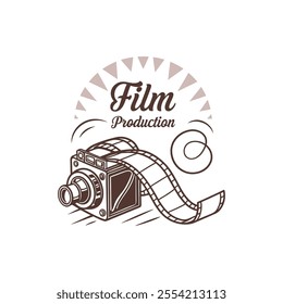 Hand drawn vintage style film production logo design template with vector illustration 