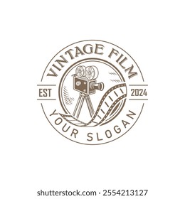 Hand drawn vintage style film production logo design template with vector illustration 