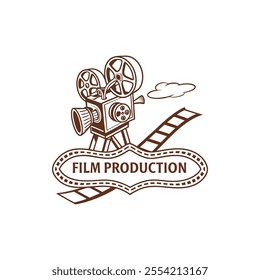 Hand drawn vintage style film production logo design template with vector illustration 