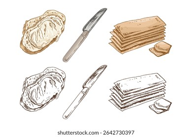 Hand drawn vintage style food set with crispbread stack, buttered slice of bread and butter knife. Perfect for kitchen decor, food packaging, culinary blogs and product design.