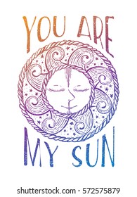 Hand drawn vintage style illustration with sun. Vector decorative sketch print for fabric, card, t-shirt, invitation, poster