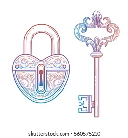 Hand drawn vintage style key and heart lock vector icons. Colorful love elements isolated on white