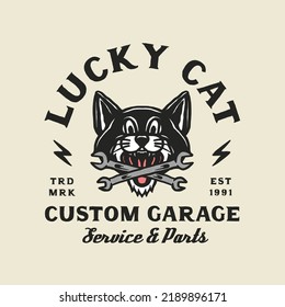 Hand Drawn Vintage style of Mascot cat Motorcycle and garage logo badge