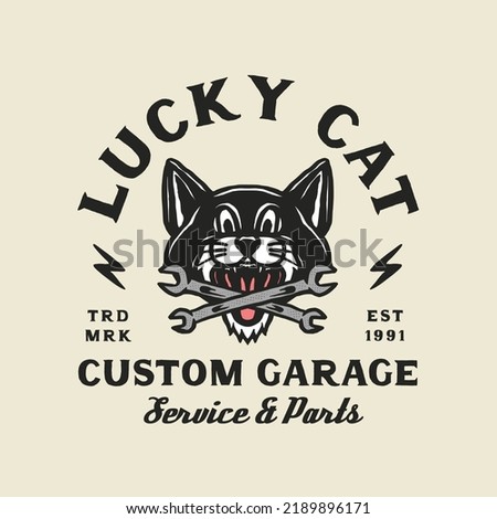 Hand Drawn Vintage style of Mascot cat Motorcycle and garage logo badge