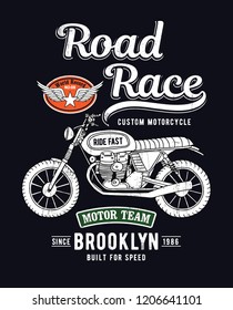 Hand drawn vintage style motorcycle with slogans and patches. For t-shirt prints, posters and other uses.