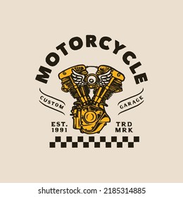 Handgezeichneter Vintage-Stil von Motorrad und Garage Logo-Abzeichen