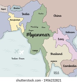 Hand drawn Vintage style of Myanmar map and country borders map include Thailand, Nepal,India, Myanmar , Laos, Bhutan, Cambodia and Vietnam map,Vector Illustration