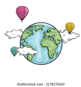 Hand drawn vintage style vector earth planet with Clouds and Hot Air Balloons. Isolated on white background. Hand drawn globe earth sketch and Traveling Balloons. Transportation vector illustration. 