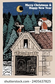 hand drawn Vintage Style vector New year and Christmas poster with cool Santa and deer, cat ,family and old house. great for Christmas party or event 