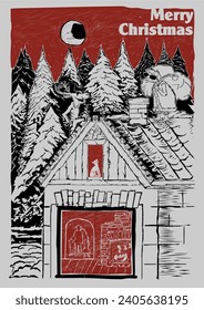 hand drawn Vintage Style vector New year and Christmas poster with cool Santa and deer, cat ,family and old house. great for Christmas party or event 