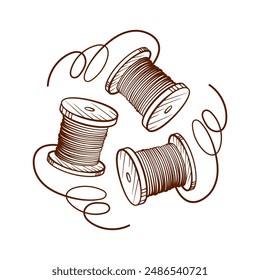 Hand drawn vintage style vector illustration with three spools of thread, suitable for creative, hand made and sewing projects