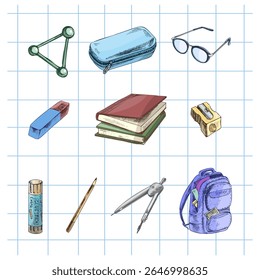 Hand drawn vintage style vector illustration of school supplies set including books, backpack, glasses, eraser, compass and pencil on grid background. Perfect for educational designs and stationery.