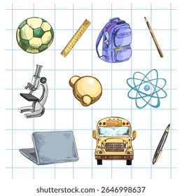 ilustração de vetor de estilo vintage desenhado à mão de conjunto de elementos escolares incluindo mochila, ônibus escolar, átomo, microscópio e laptop em papel de grade. Ideal para