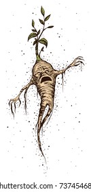 Hand drawn vintage style vector illustration of crying mandrake. Mandragora root homunculus, alchemy ingredient, witchcraft, sorcery mystical creature. Halloween character.