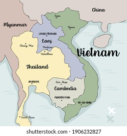 Hand drawn Vintage style of Vietnam map and country borders map include Laos, China,Cambodia, Thailand and Myanmar  map,Vector Illustration