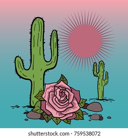 Hand drawn vintage stylised illustration with the desert, cactuses, rose, vector file, fully editable, great for textile print or poster. 