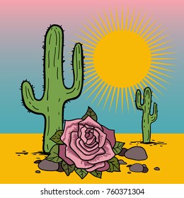 Hand drawn vintage stylised illustration with the desert, cactuses, rose. Vector file, great for textile print or poster. 