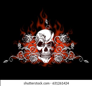 Hand drawn vintage stylized vector illustration of skull and detailed ornament with roses and flames. The illustration is fully editable and can be used for design and decoration.